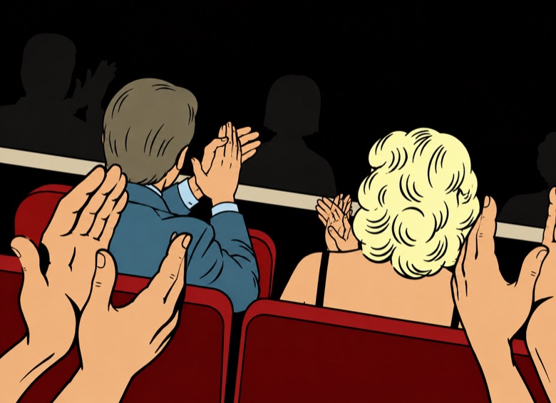 Comic-Illustration: applaudierendes Publikum im Theater, von hinten gesehen