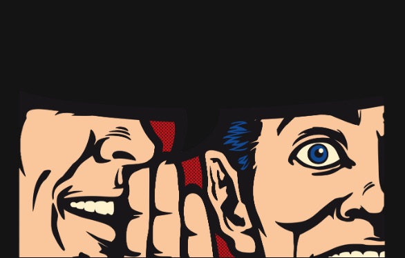Comic-Illustration: zwei Gesichter, eines flüstert dem anderen ins Ohr