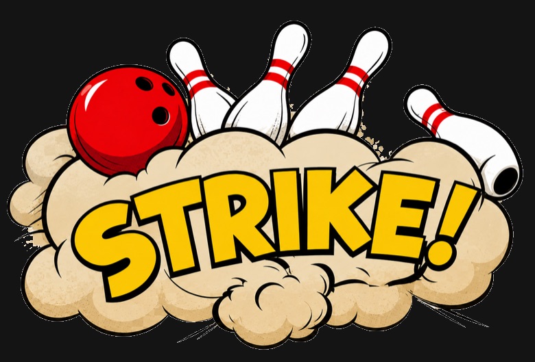 Comic-Illustration: Bowlingkugel trifft alle Pins, Schriftzug Strike